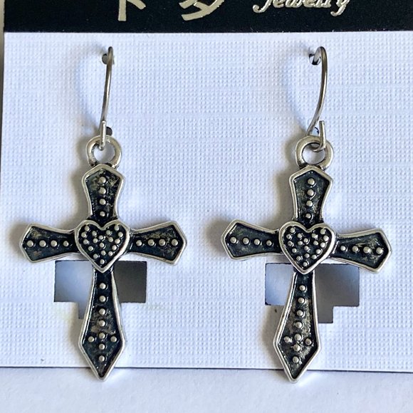 Silver Sacred Heart Cross Earrings Country Western Gothic Goth Dangle Plated - Picture 2 of 6